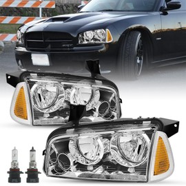 SOCKIR 4Pcs Headlight Assembly Compatible with 2006-2010 Dodge Charger with Corner Singal Light Halogen Headlamp Chrome Housing Passenger and Driver Side with High/Low Beam Bulbs