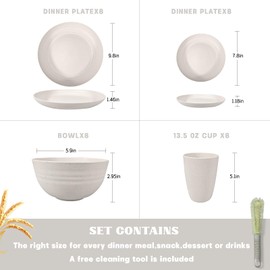Kitchen Wheat Straw Dinnerware Sets (33pcs) Attached cleaning brush,Service For 8,Plastic Plates and Bowls Sets,Unbreakable Dinnerware,Lightweight Plastic Plate Set (off-white)