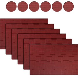 BECHEN Plastic Placemats and Coasters, Non Slip Washable Placemats for Dining Table Wipe Clean Table Mats (Burgundy Red), 6pcs Placemats with Coasters