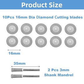 MiJunHD 10PCS 16mm Diamond Cutting Discs & 2PCS 3mm Shank Mandrel, Rotary Tool Diamond Cutting Wheel Kit for Metal Tile Wood Glass Marble Plastic Jade (Cutting Blade without Holes)