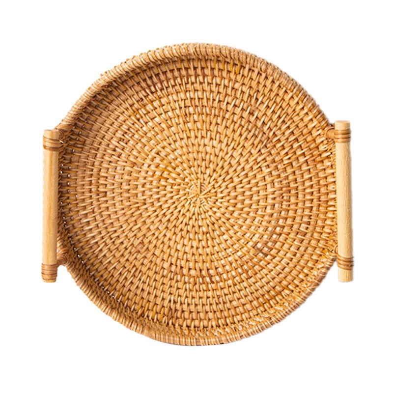 Hand Woven Round Rattan Serving Tray Bread Fruit Dessert Snack