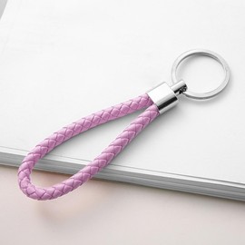 Braided PU Leather Keychains Car Keyring Key Chain Ring for Men or Women Button (Pink)