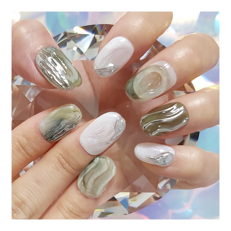 Green Latte Handmade Nail Tips - Petit Square / 그린라떼