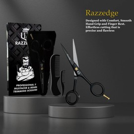 5" Professional Mustache & Beard Scissors With 1 Beard, 1 Mustache Comb & Travel Pouch, Stainless Steel Black Mustache & Beard Trimming Scissors for Men Facial Hair and Grooming.