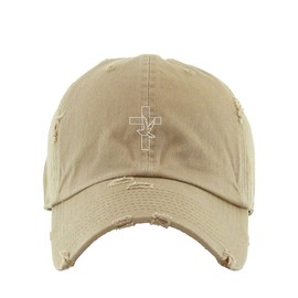 Religious Cross Vintage Baseball Cap Embroidered Cotton Adjustable Distressed Dad Hat Khaki