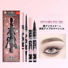 MIRUOKOU クリスマス シルキー アイライナー＆アイブロウペンシル、自然で際立つ立体的な眉毛と目のギフトボックス2セット， 長持ち、極細，初心者に最適(02#黒アイライナー+茶色アイブロウペンシル)
