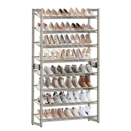 SONGMICS Shoe Rack, 8-Tier Shoe Organizer, Metal Rack for Garage, Set of 2, 4-Tier Stackable Shelf, with Adjustable Flat or Angled Shelves, 32-40 Pairs, Cappuccino Beige ULMR008L01