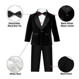 Boy's Tuxedo Formal Suit Set, Velvet Blazer Jacket, Shirt, Bow Tie and Dress Pants Dresswear, 4# Black, 3-4 Years = Tag 120
