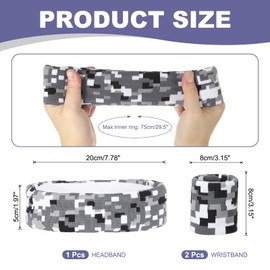 sourcing map Sweat Band Set Sports Terry Cloth Headband Wristband Set 8"x2" Moisture Wicking Sweat Absorbing Head Band for Women Men Workout Exercise (Checkered Camouflage Gray)