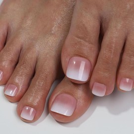 24Pcs Pink White Gradient Press on Toenails Short Square Gradient False Toenails, French Pink White Fake Toe nails Summer Glossy Stick on Nails for Women