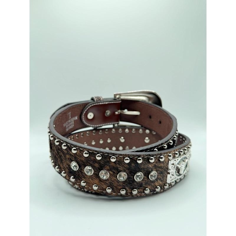 Brown Cow Hide Concho Belt - Size: X-Large
