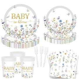 JOYHAPISTAR 120PCS Wildflower Baby in Bloom Party Supplies for Girls, Spring Floral Baby Shower Paper Plates 9" Dessert Plates 7" Napkins Cups Forks Tableware - Serve 24 Guests