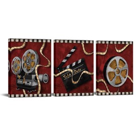 OuElegent 3 Piece Movie Theater Canvas Wall Art Projector Clapperboard Film Roll Painting Pictures Cinema Prints Burgundy Artwork for Media Room Decor Framed Ready to Hang