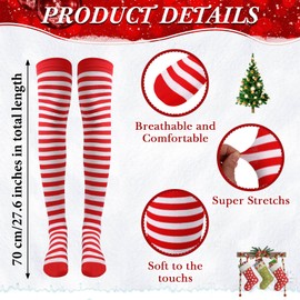 JaGely 12 Calcetines Navideños a Rayas Rojas y Blancas Calcetines Altos Largos hasta Muslo Medias hasta Rodilla para Niñas