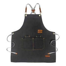 HONG JIANG WOK Chef Apron for Women Men with 2 Deep Pockets, Back Crossed Adjustable Apron, Waterproof Canvas Apron for Floral, BBQ, Kitchen, Work