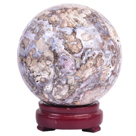JIC Gem Large Blue Cherry Blossom Agate Crystal Ball with Stand Crystal Sphere Natural Sakura Flower Agate Stone Reiki Healing Meditation Witchcraft Home Decor 4 inch(100mm)