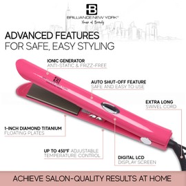 Brilliance New York - 1 Inch Pro Diamond Titanium Flat Iron - 2 in 1 Hair Straightener and Curler - Anti-Static, Frizz-Free Ionic Plates - Auto Shut-Off Dual Voltage Flat Iron w/LCD Display
