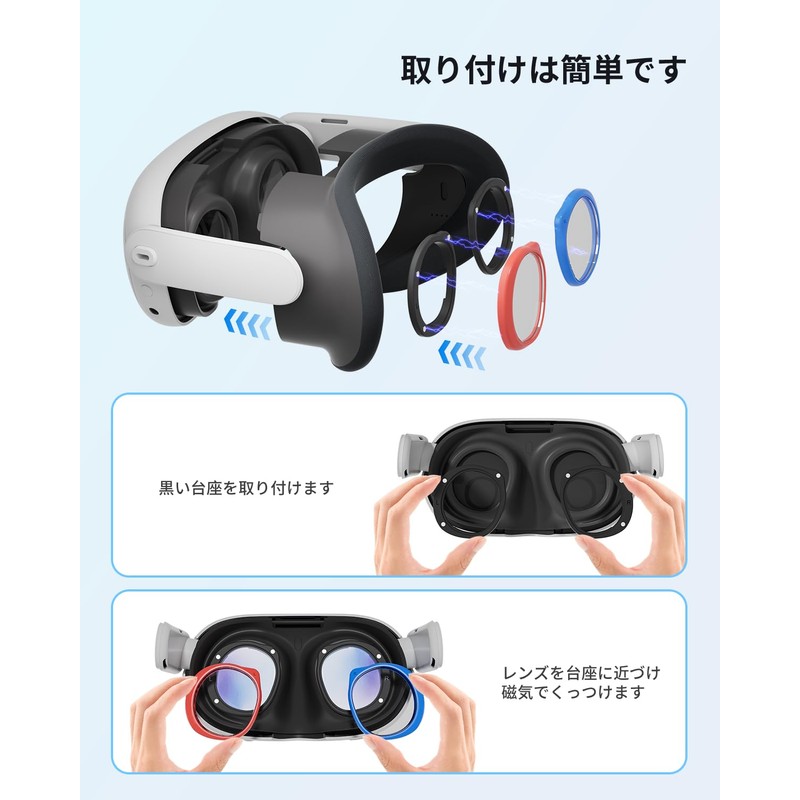 Maecker 度付きレンズ（右側の青、-4.0）Meta Quest 3用の度付きレンズ Quest 3に適用するレンズ度付き 軽量磁気ABSフレーム メタクエスト 3用のブルーライトブロッキングレンズ