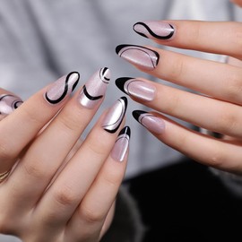 WAFOLOZE Press On Nails Long Almond Fake Nails With Glue, Holiday Nail Press Ons With Simple Black Lines Cat's Eye Design, Artificial False Nails Stick On Nails for Women-30Pcs