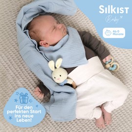 SILKIST Baby Gift for Birth High-Quality Set of Muslin Cloth, Rattle, Teething Ring, Bib & Hair Brush for Babies, 100% Organic Cotton for Girls and Boys, Baby Blue