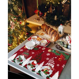 Christmas Red Placemats Set of 6, Winter Gnomes Cardinals Non-Skid Place mats, Snowflakes Merry Xmas Holiday Table Mats, Washable Stain-Resistant Tablemats for Party/Dining Room/Kitchen Decorations