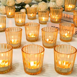 TBWIND 24 Pack Christmas Gold Votive Candle Holders, Striped Candle Holder Bulk, Tealight Candle Holders for Wedding Table Decor, Centerpiece Table Decorations, Table Centerpieces for Party Events
