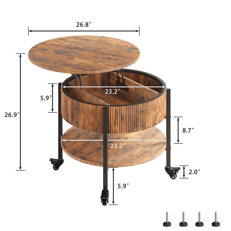 Ablefurn 26.77” Small Coffee Table, Round Fluted Lift Top Coffee