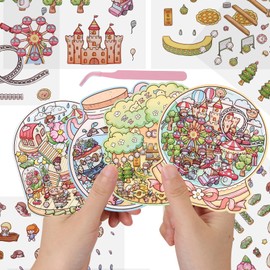 4Pcs 3D Fun Mini House Scenes Stickers with Tweezers Make Your Own Mini Flower Book House Garden World in a Bottle Stickers Scenes Cute Room Craft Scrapbook Sticker for Relief Stress Pass The Time