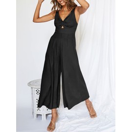 ANRABESS Women's Summer Wide Leg Linen Jumpsuits Dressy V Neck Sleeveless Casual Pants Rompers 2025 Vacation Beach Outfits Black Small