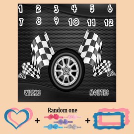 PHMOJEN Racing Baby Monthly Milestone Blanket, Boy Racer Car Tires Black White Checkered Flag, Newborns 1 to 12 Months Unisex Include 4 Frames and 1 Headband 47"x47" BTQQPH83