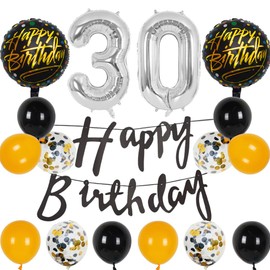 Silver 30th Birthday Decorations Party Supplies-Black Happy 30th Birthday Banner Latex and Confetti Balloons Paper Honeycomb Balls Huge Number 30 Balloons for Girls,Women,Men,Photo Props 30th Birthday