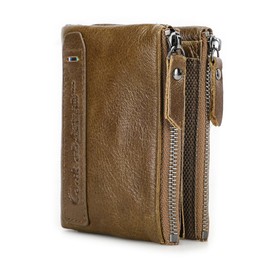 Contacts Mens Genuine Leather Bifold Wallet Double Zipper Pocket Wallet Coin Purse Brown
