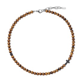 COAI CMen's Cross Necklace Brown Tiger Eye Necklace Stone Beaded Necklace for Men