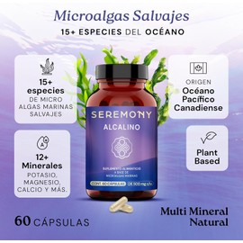 SEREMONY - Alcalino Microalgas Marinas Salvajes - Suplemento Alimenticio 60 Cápsulas - Mezcla de Microalgas con Minerales Esenciales como Potasio, Magnesio y Calcio - Fitoplancton Marino - 100% Natural y Multi Mineral