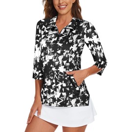 Viracy Womens Golf Shirts 3/4 Sleeve Golf Tops Woman UPF50+ Sun Protection 1/4 Zip Up with Zipper Pockets Moisture Wicking for Running Athletic, Black Blocks-Large