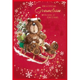 Grandson Christmas Card - Brown Santa Bear on Sledge with Gold Foil 7.5x5.25