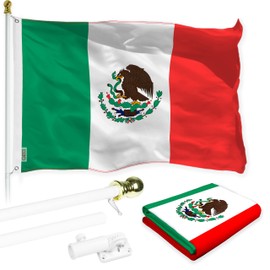 G128 Combo Pack: Flag Pole 6 FT White & Mexico Mexican Flag 3x5ft 150D Printed Polyester