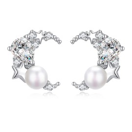Qings Half Moon Pearl Stud Earrings 925 Sterling Silver Moon Freshwater Cultured Pearl Stud Earrings for Mom, Wife and Girlfriend