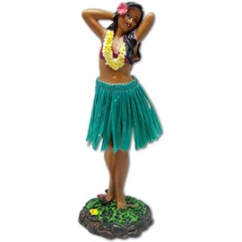 Hawaiian Leilani Dashboard Hula Doll 7" Green Skirt Flower Pose Hand Made