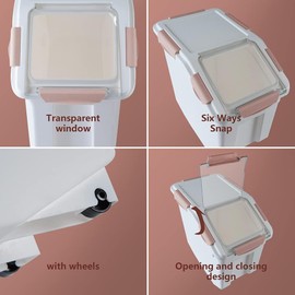 Qiveno 2Pack Airtight Flour Storage Container 25 lb Rice Storage Container with Wheels Seal Locking Lid, Dog Food Containers with Measuring Cup& Scoop for Flour, Rice, Grain, (Pink)