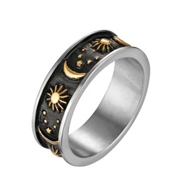 HZMAN 8mm Moon Star Sun Statement Ring Stainless Steel Boho Jewelry for Women Men (Silver Gold, 8)