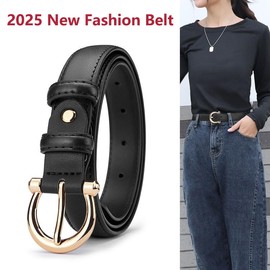 UIRLINXUAN Fashion Women's Leather Belts for Jeans Dresses Ladies Belt Solid Gold Buckle Pin Buckle Designer Belt for Pants (Black, M: Fit waist size 32"-37")