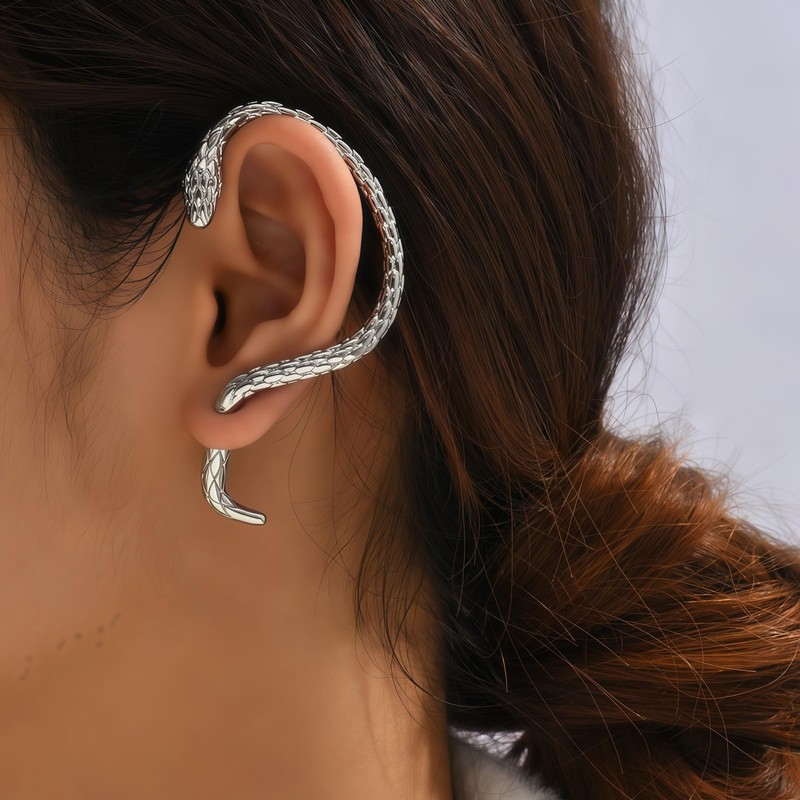 2Pcs Silver Snake Cuff Hook Needle Earrings Set for Women