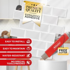 XFasten Backsplash Tile for Kitchen Peel and Stick Tile 10pcs 12” x 12” w/Mini Cutter Off White Subway Tile Peel and Stick Backsplash Waterproof Bathroom Kitchen Wall Tiles Peel and Stick for Walls