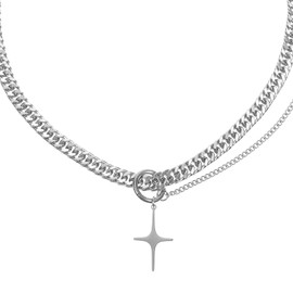Mabor Silver Y2k Irregular Necklace Retro Cross Star Pendant Double Chain Necklace Titanium-Steel Adjustable Hip Hop Grunge Layered Chain Gifts Accessories for Women Men