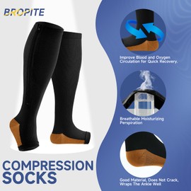 bropite Zipper Compression Socks Women & Men - 2Pairs Calf Knee High 15-20mmHg Open Toe Compression Stocking suit for Walking