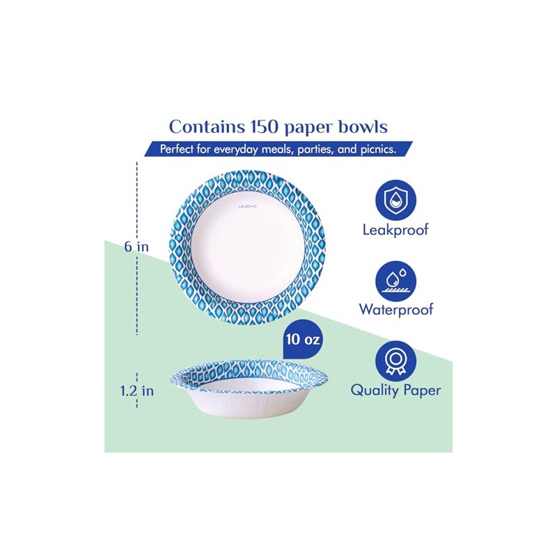 MUCHII 10 Oz Paper Bowls 150 Count Small Bowls, Blue
