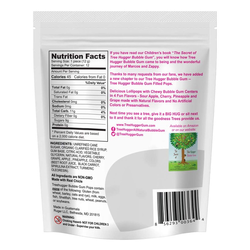 Tree Hugger Bubble Gum Pops in Stand Up Resealable Bags,