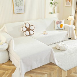 Royhom Sectional Couch Covers 2 Pieces, L Shaped Couch Cover Blanket, Chenille Sofa Covers Washable, Sofa Slipcover with Tassel, Suitable for All Seasons (71"x110"+71"x118", Beige White)