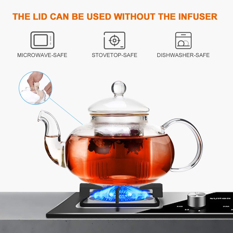 CnGlass 33.8oz Glass Teapot with Removable Infuser,Stovetop Safe Tea Kettle,Blooming